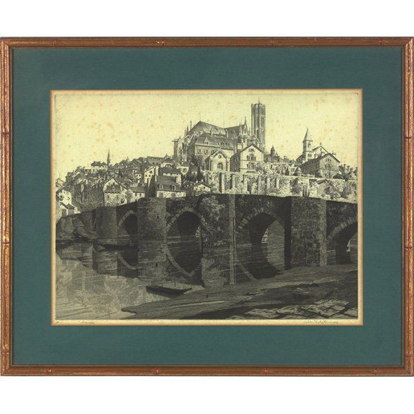 John Taylor Arms "Limoges" 1932, etching: John Taylor Arms (American, 1887-1953) "Limoges," 1932, etching, 10" x 13.5", pencil signed, dated and titled, edition of 142, framed