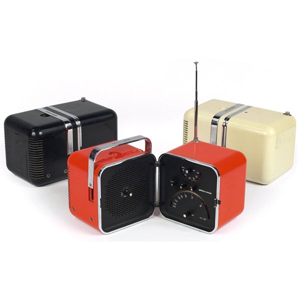 Zanuso & Sapper "TS 502" radios, three, black, whi: Marco Zanuso & Richard Sapper "TS 502" radios, three, by Brionvega, Italy, 1960s, hinged forms with molded plastic bodies, one black, one white, one orange, lift-up handle and antenna, each 8.75"w x 5