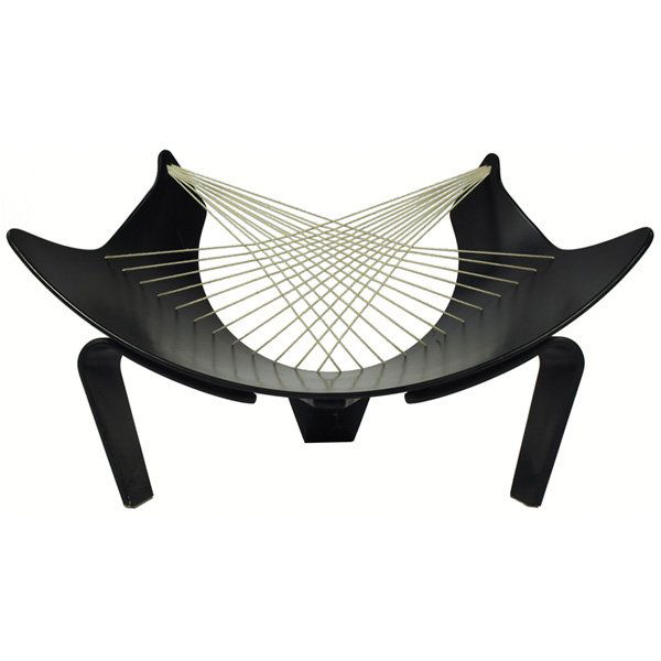 Peter Karpf "Wing" lounge chair: Peter Karpf "Wing" lounge chair, by Christensen & Larsen, designed 1968, lacquered plywood on three molded legs, stretch rope backrest, original black finish, 49"w x 32"d x 25.5"h, very good condition