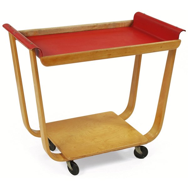 Cees Braakman "Rolo" serving cart, red finish: Cees Braakman "Rolo" serving cart, by UMS Pastoe, the Netherlands, birch plywood legs and lower shelf, upper shelf with original red finish, original finish, unsigned, 31.5"w x 17.75"d x 27"h, very go