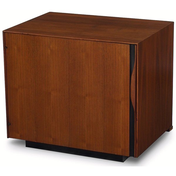 John Kapel bar cabinet: John Kapel bar cabinet, by Glenn of California, single-door cabinet in walnut with one interior shelf, upper pull-out shelf with white laminate surface, carved handle with black trim, bottle rack moun