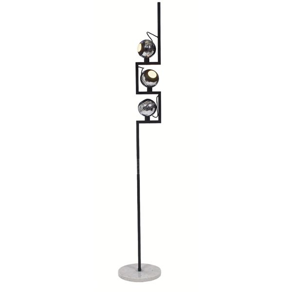 Angelo Lelli floor lamp, three directional light: Angelo Lelli floor lamp, by Arredoluce, three chromed metal directional light sources on magnetic mounts in a geometric black enameled steel column over a round marble base, each light controlled inde