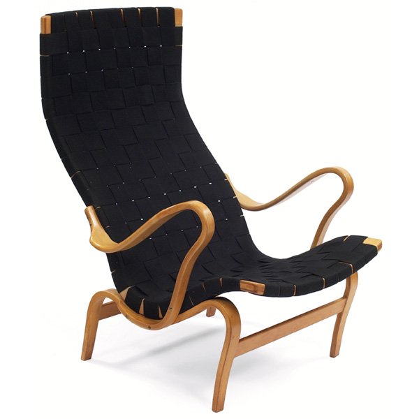 Bruno Mathsson "Pernilla" chair: Bruno Mathsson "Pernilla" chair, by Dux, beech frame with black cotton webbing, original finish, branded "Bruno Mathsson by Dux," 28"w x 32"d x 39"h, very good condition