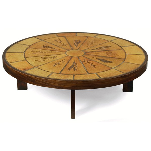 Roger Capron coffee table, ceramic tiles: Roger Capron coffee table, Vallauris, France, 1970s, wood frame with oval top of inset ceramic tiles with impressed leaf designs, signed "R. Capron" along edge of one tile, original finish, 40.5"w x 3
