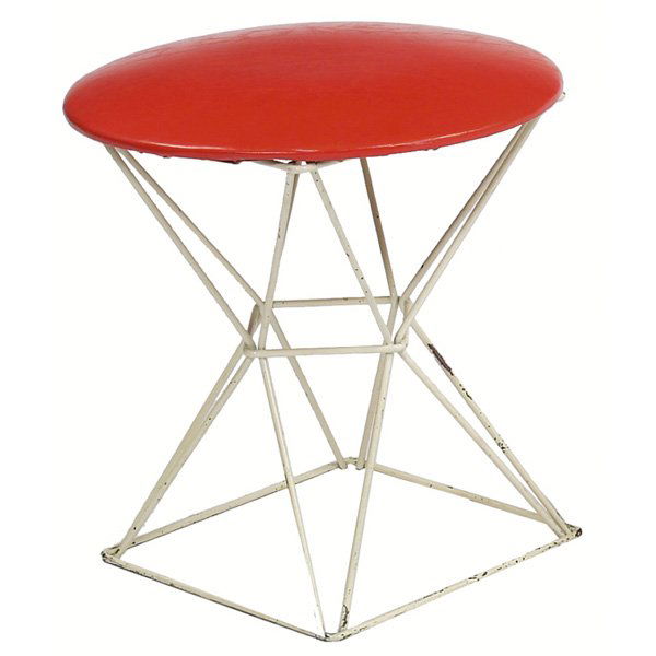 Cees Braakman stool, orange vinyl: Cees Braakman stool, by Pastoe, white coated wire frame with original orange vinyl seat cushion, unsigned, original finish, 16"dia x 16"h, very good condition
