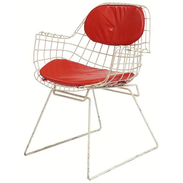 Cees Braakman chair, orange vinyl: Cees Braakman chair, by Pastoe, white coated wire frame and seat with original removable orange vinyl seat cushion, unsigned, original finish, 24.5"w x 18.25"d x 31.25"h, very good condition