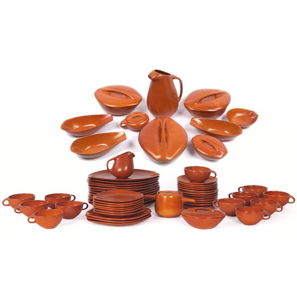 Ben Seibel Modern Stoneware dinnerware, 60 pieces: Ben Seibel Modern Stoneware dinnerware, by Roseville for Raymor, USA, ceramic, 12 cups, 12 saucers, 12 dinner plates, 7 bread plates, three salad plates, three serving dishes, three large covered cass
