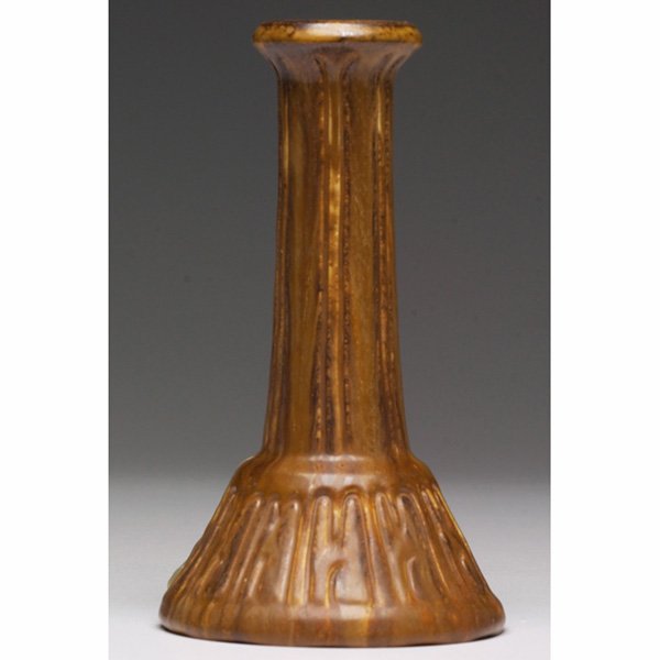 Volkmar candlestick, incised designs at bottom: Volkmar candlestick, incised designs at bottom, covered in a multi-toned brown matt glaze, marked, 3.5w x 6.25h