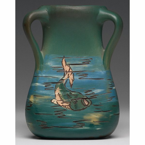 Weller Dickensware vase, triangle form,fish desi: Weller Dickensware vase, three-handled triangular form with a different fish design on each side, signed E. Roberts '03, impressed mark, #354, 4.75w x 6.25h