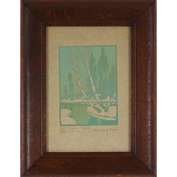 Arts & Crafts woodblock print, "Mystic River 