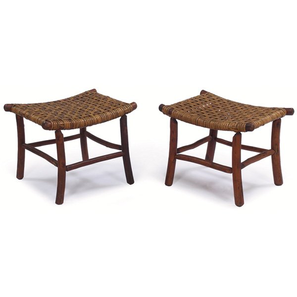 Old Hickory footstools, pair