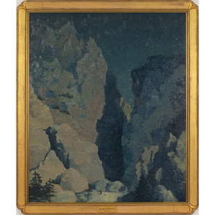 Kenneth Stevens MacIntire " Canyon Moonlight," oil: Kenneth Stevens MacIntire (American, 1891-1979) "South Cheyenne Canyon Moonlight," 1923, oil on canvas board, 35.5" x 29", signed and dated lower right, framed