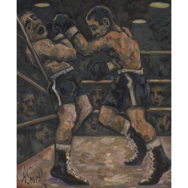 Arthur Smith "Boxing Series," c. 1940, oil: Arthur Smith (American, d. 1972) "Boxing Series," c. 1940, oil on masonite, 24" x 20", signed lower left, framed