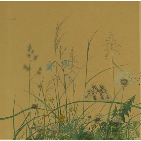 Baron Ernst Von Maydell "A Bicycle Built for Two,: Baron Ernst Von Maydell (Estonian, b. 1886) "A Bicycle Built for Two," c. 1950, gouache and watercolor, 9.75" x 10", pencil signed lower right, framed