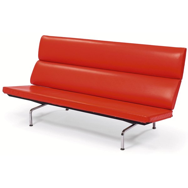 Charles and Ray Eames Sofa Compact: Charles and Ray Eames Sofa Compact, by Herman Miller, c.1962, slab seat and folding back with original orange vinyl upholstery over a black enameled and chromed steel frame, Herman Miller label and or