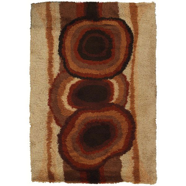 Rya rug, Denmark, 100% wool, orange, brown and cre: Rya rug, Denmark, 100% wool, orange, brown and cream colors, labeled "Made in Denmark by Scandinavian Folklore Carpets Ege Rya de luxe", 73"w x 110"l, very good condition