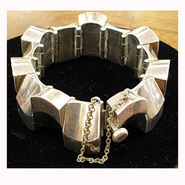 Mexican Silver bracelet, sculpted and linked form - 8