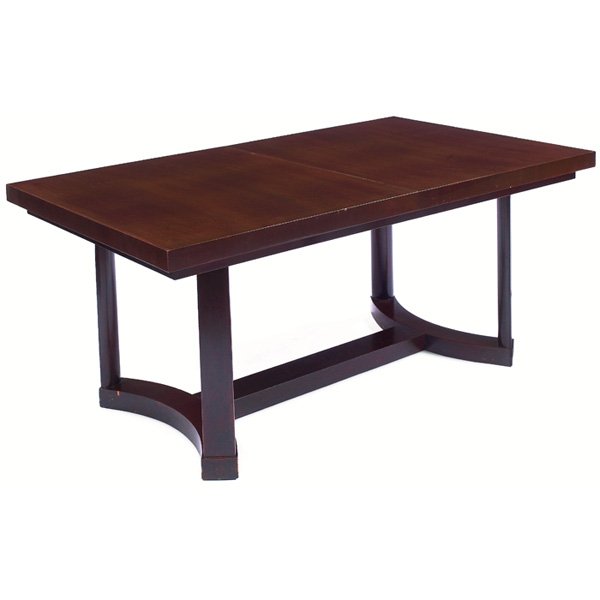 Gilbert Rohde style dining table: Gilbert Rohde style dining table, maker unknown, 1940s, rectangular mahogany top over four legs with two curved base supports, original finish, three 10" leaves, and three extra 10" leaves (six leaves