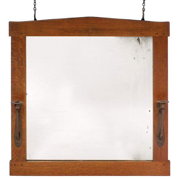 50 Gustav Stickley mirror, flanked by candle holders