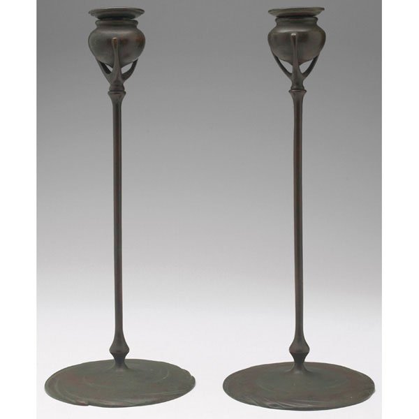 Tiffany Studios candlesticks, pair, bronze