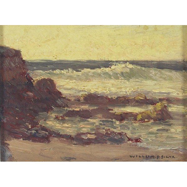 William Posey Silva, Twilight, Caramel Shore, oil: William Posey Silva (American, 1859-1948) "Twilight, Caramel Shore," c. 1910, oil on canvas on panel, 6" x 8", signed lower right, titled in pencil on verso, framed