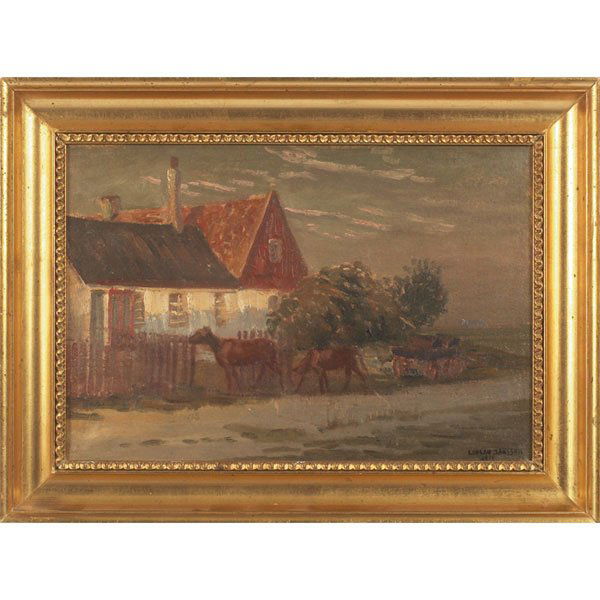 Luplau Janssen, Cows Coming Home, oil: Luplau Janssen (Danish, 1869-1927) "Cows Coming Home," 1919, oil on canvas, 10.75" x 15.75", signed and dated lower left, framed