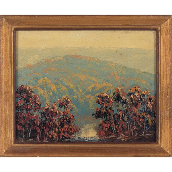John Wesley Hardrick, Autumn Landscape, oil: John Wesley Hardrick (American, 1891-1968) "Autumn Landscape," c. 1930, oil on board, 8" x 10", unsigned, framed