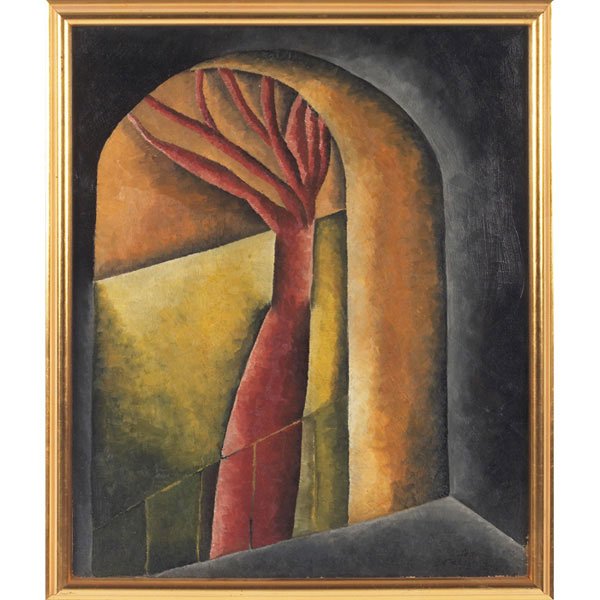 Karl Gasslander, Modernist Tree, oil: Karl Gasslander (American, 1905-1997) "Modernist Tree," c. 1940, oil on canvas, 22" x 18", signed lower right, framed