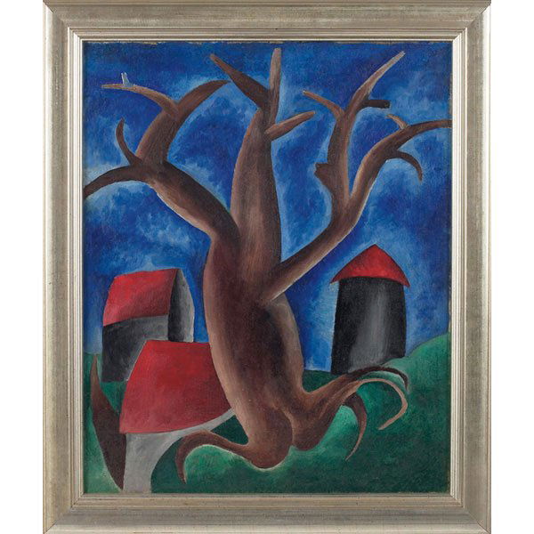 Karl Gasslander, Modernist Tree, oil: Karl Gasslander (American, 1905-1997) "Modernist Tree," c. 1940, oil on canvas, 20" x 16", unsigned, framed