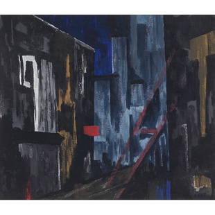 Richard Harold Redvers Taylor, watercolor: Richard Harold Redvers Taylor (American, 1900-1975) "Cityscape at Night," c. 1960, watercolor, 15.5" x 18", monogrammed lower right, framed