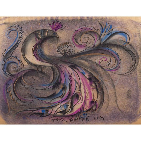 Sascha Brastoff drawing pastel on paper bird