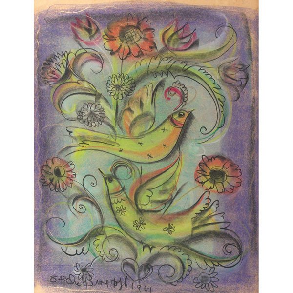 Sascha Brastoff drawing, pastel on paper, two bird