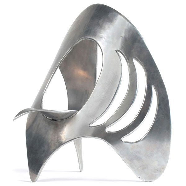 Bill Keating sculpture, 1973 aluminum signed: Bill Keating sculpture, 1973, a single piece of pierced and shaped aluminum, metal plaque with signature and date, 19"w x 19"h