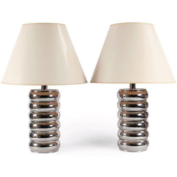 Kovacs table lamps, pair, polished metal signed: Kovacs table lamps, pair, polished metal forms with the appearance of stacked cylinders, original paper shades, Kovacs labels, 32"h, excellent condition