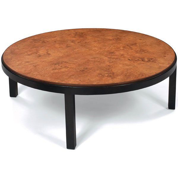 Directional coffee table, olive burl wood round si: Directional coffee table, olive burl wood top, dark stained frame and legs, signed with metal tag, original finish, 48"dia. x 16.5"h, excellent condition