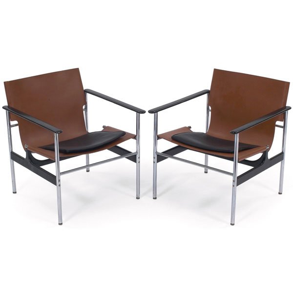 Charles Pollock chairs, pair, tan leather, Knoll