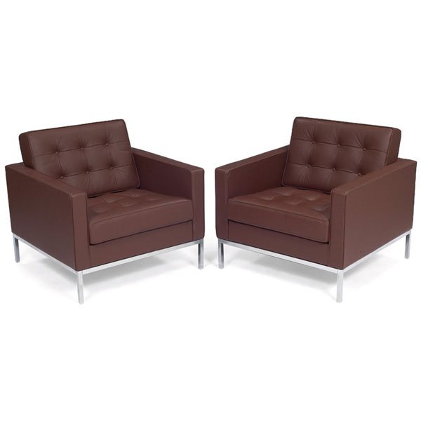 Florence Knoll chairs pair brown leather signed