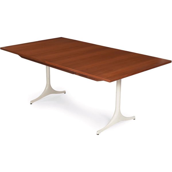 George Nelson Pedestal dining table, Herman Mille: George Nelson Pedestal dining table, by Herman Miller, 1950s, rectangular walnut top, two 20" leaves, white enameled metal bases, signed with foil lable, 72"w x 40"d x 29.25"h, top refinished, very go