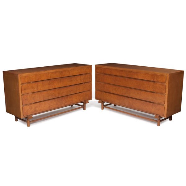 1950s burled wood chests, pair, oak burl "Topaz"