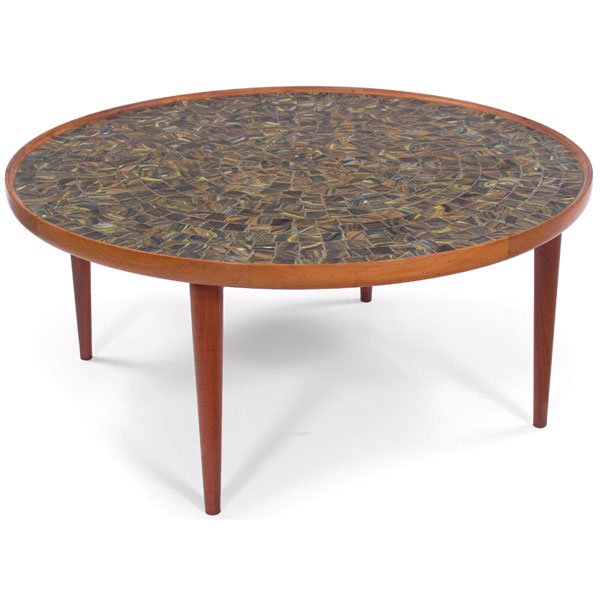 Gordon and Jane Martz coffee table, walnut tiles: Gordon and Jane Martz coffee table, walnut frame with inset tiles to top, 36.25"dia. x 16.5"h, excellent original condition