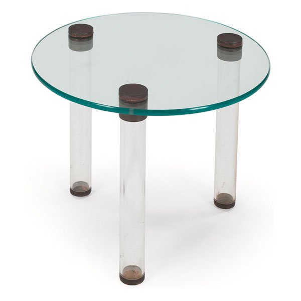 Gilbert Rohde Luxury Group occasional Lucite legs: Gilbert Rohde Luxury Group occasional table, by Herman Miller, 1940s, tubular Lucite legs support the original glass top, brass fittings, 20"dia. x 15"h, very good original condition