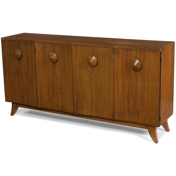 G. Rohde Paldao cabinet Herman Miller 1940s: Gilbert Rohde Paldao Group cabinet, by Herman Miller, 1940s, shallow case in Paldao wood with four slightly concave doors, original carved wood pulls, ebonized flared legs, interior consists of 8 draw
