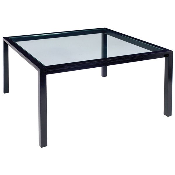 Ward Bennett dining table, by Brickel, 54" square: Ward Bennett dining table, by Brickel, dark-stained ash frame with inset square _" glass top, custom-ordered size, unsigned, original finish, 54"w x 54"d x 27.5"h, very good condition