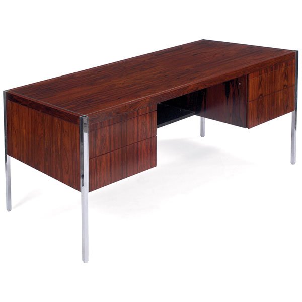 Richard Schultz desk, by Knoll, rosewood: Richard Schultz desk, by Knoll, rosewood, rectangular top over four drawers, two pull-out writing surfaces, polished steel legs at corners and inlaid detail along edges, back finished, refinished, 72"