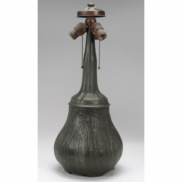 Handel lamp base, broad base: Handel lamp base, broad base in bronzed metal with sculpted trees, original patina, signed, 9"w x 22.5"h