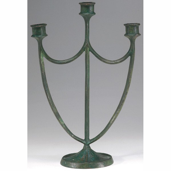 E.T. Hurley candelabra, bronze three holder: E.T. Hurley candelabra, bronze three holder form, original green patina, signed, 1918, 10"w x 15"h