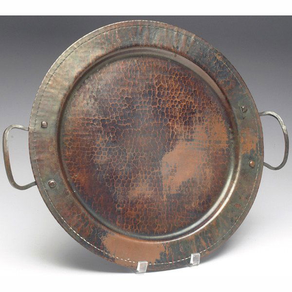 Roycroft tray, large round shape: Roycroft tray, large round shape with two applied handles in hammered copper, original patina, impressed mark, 19"w