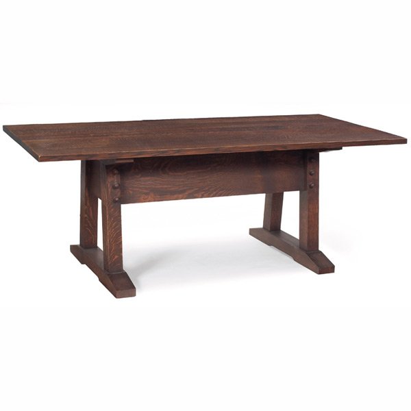 Warren Hile director';s table, contemporary,: Warren Hile director';s table, contemporary, based on Gustav Stickley #631 1/2, rectangular top over splayed legs and a shoefoot base, wide apron and pull peg construction, signed, 78"w x 38"d x 29"h,