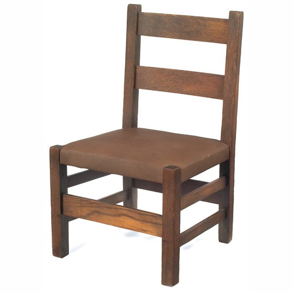 Gustav Stickley child';s chair, #342,: Gustav Stickley child';s chair, #342, recovered leather seat, cleaned original finish, red decal, roughness to feet, 14"w x 15"d x 24"h, very good condition