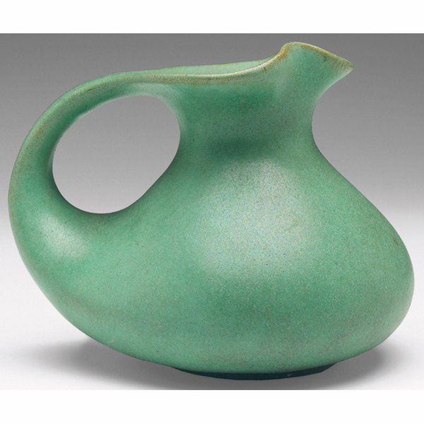 Teco handled vessel, designed by W.D. Gate: Teco handled vessel, designed by W.D. Gates, bulbous shape under a good green matte glaze, impressed marks, 5"w x 3.5"h